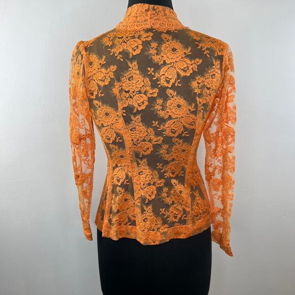 VINTAGE Orange Sheer Lace Scalloped Edge Long Sleeve Bandeau w/ Attached Jacket - Picture 5 of 6